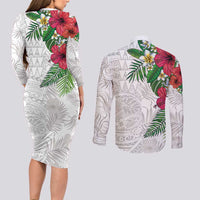 Hawaiian Tropical Plants Couples Matching Long Sleeve Bodycon Dress and Long Sleeve Button Shirt Kakau Tattoo and Polynesian Pattern Half White Color