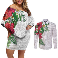 Hawaiian Tropical Plants Couples Matching Off Shoulder Short Dress and Long Sleeve Button Shirt Kakau Tattoo and Polynesian Pattern Half White Color