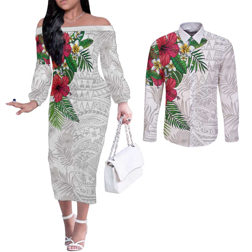 Hawaiian Tropical Plants Couples Matching Off The Shoulder Long Sleeve Dress and Long Sleeve Button Shirt Kakau Tattoo and Polynesian Pattern Half White Color