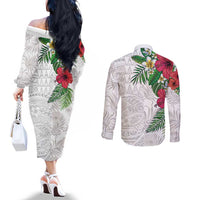 Hawaiian Tropical Plants Couples Matching Off The Shoulder Long Sleeve Dress and Long Sleeve Button Shirt Kakau Tattoo and Polynesian Pattern Half White Color
