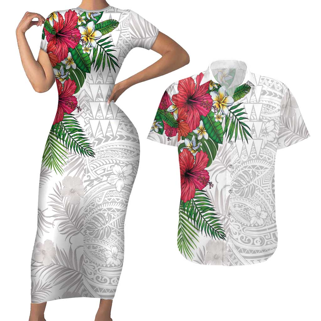 Hawaiian Tropical Plants Couples Matching Short Sleeve Bodycon Dress and Hawaiian Shirt Kakau Tattoo and Polynesian Pattern Half White Color