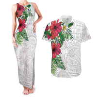 Hawaiian Tropical Plants Couples Matching Tank Maxi Dress and Hawaiian Shirt Kakau Tattoo and Polynesian Pattern Half White Color