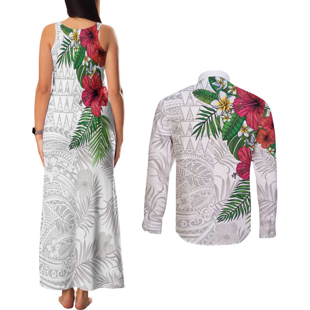 Hawaiian Tropical Plants Couples Matching Tank Maxi Dress and Long Sleeve Button Shirt Kakau Tattoo and Polynesian Pattern Half White Color