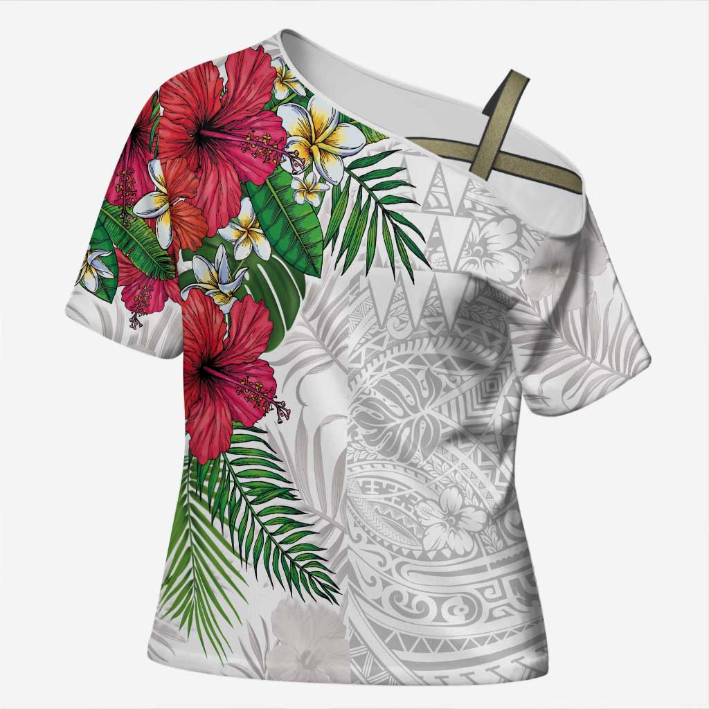 Hawaiian Tropical Plants Cross Shoulder Shirt Kakau Tattoo and Polynesian Pattern Half White Color
