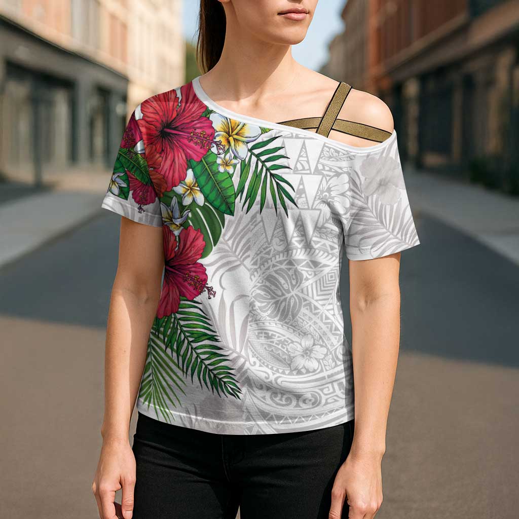 Hawaiian Tropical Plants Cross Shoulder Shirt Kakau Tattoo and Polynesian Pattern Half White Color