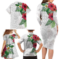 Hawaiian Tropical Plants Family Matching Long Sleeve Bodycon Dress and Hawaiian Shirt Kakau Tattoo and Polynesian Pattern Half White Color LT03 - Polynesian Pride