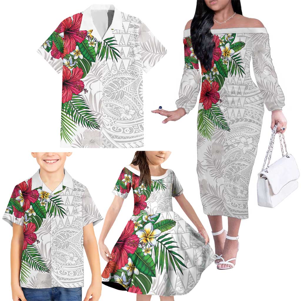 Hawaiian Tropical Plants Family Matching Off The Shoulder Long Sleeve Dress and Hawaiian Shirt Kakau Tattoo and Polynesian Pattern Half White Color