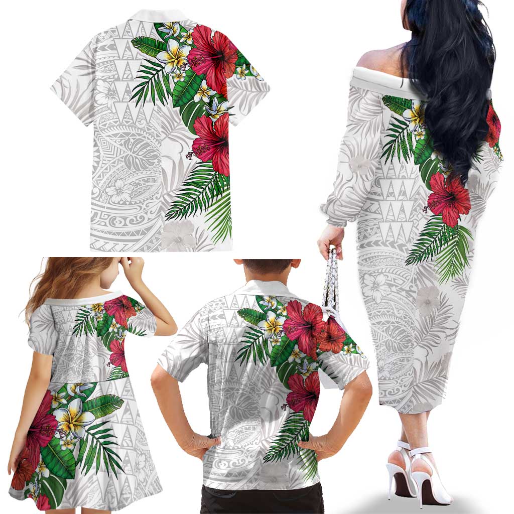 Hawaiian Tropical Plants Family Matching Off The Shoulder Long Sleeve Dress and Hawaiian Shirt Kakau Tattoo and Polynesian Pattern Half White Color LT03 - Polynesian Pride