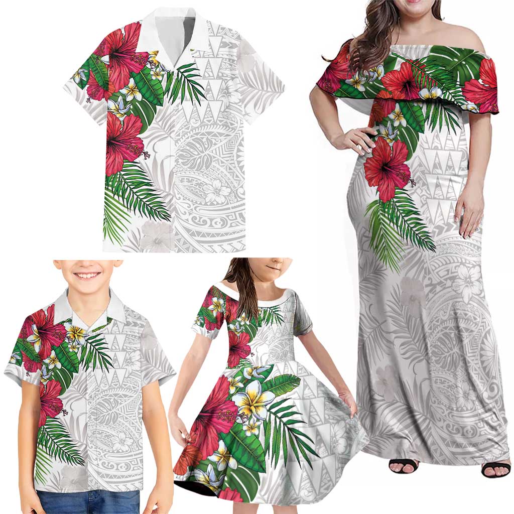 Hawaiian Tropical Plants Family Matching Off Shoulder Maxi Dress and Hawaiian Shirt Kakau Tattoo and Polynesian Pattern Half White Color LT03 - Polynesian Pride