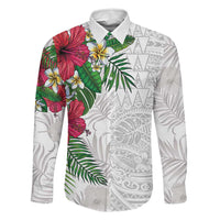 Hawaiian Tropical Plants Family Matching Off Shoulder Maxi Dress and Hawaiian Shirt Kakau Tattoo and Polynesian Pattern Half White Color LT03 Dad's Shirt - Long Sleeve White - Polynesian Pride