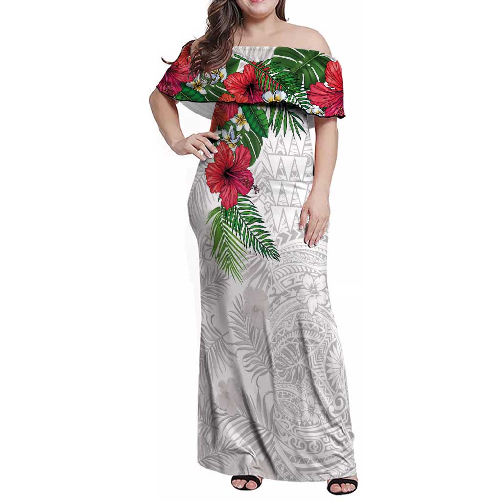 Hawaiian Tropical Plants Family Matching Off Shoulder Maxi Dress and Hawaiian Shirt Kakau Tattoo and Polynesian Pattern Half White Color LT03 Mom's Dress White - Polynesian Pride