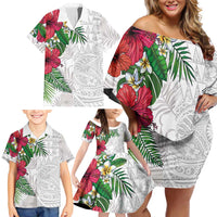 Hawaiian Tropical Plants Family Matching Off Shoulder Short Dress and Hawaiian Shirt Kakau Tattoo and Polynesian Pattern Half White Color LT03 - Polynesian Pride