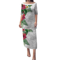 Hawaiian Tropical Plants Family Matching Puletasi and Hawaiian Shirt Kakau Tattoo and Polynesian Pattern Half White Color LT03 Mom's Dress White - Polynesian Pride