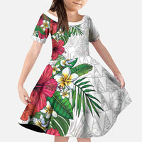 Hawaiian Tropical Plants Family Matching Short Sleeve Bodycon Dress and Hawaiian Shirt Kakau Tattoo and Polynesian Pattern Half White Color LT03 Daughter's Dress White - Polynesian Pride