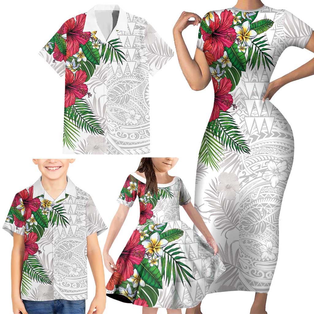 Hawaiian Tropical Plants Family Matching Short Sleeve Bodycon Dress and Hawaiian Shirt Kakau Tattoo and Polynesian Pattern Half White Color