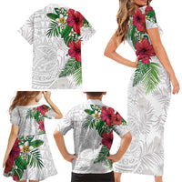 Hawaiian Tropical Plants Family Matching Short Sleeve Bodycon Dress and Hawaiian Shirt Kakau Tattoo and Polynesian Pattern Half White Color LT03 - Polynesian Pride