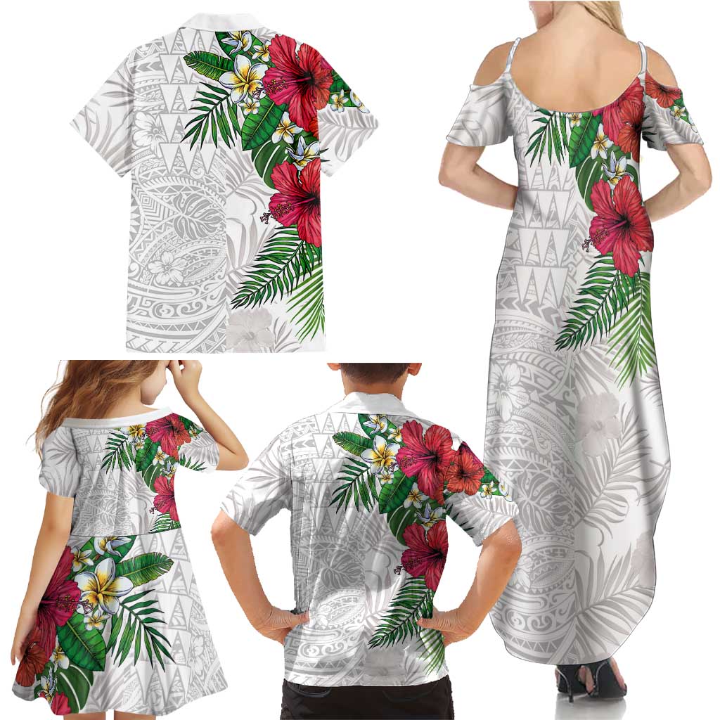 Hawaiian Tropical Plants Family Matching Summer Maxi Dress and Hawaiian Shirt Kakau Tattoo and Polynesian Pattern Half White Color LT03 - Polynesian Pride