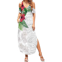 Hawaiian Tropical Plants Family Matching Summer Maxi Dress and Hawaiian Shirt Kakau Tattoo and Polynesian Pattern Half White Color LT03 Mom's Dress White - Polynesian Pride