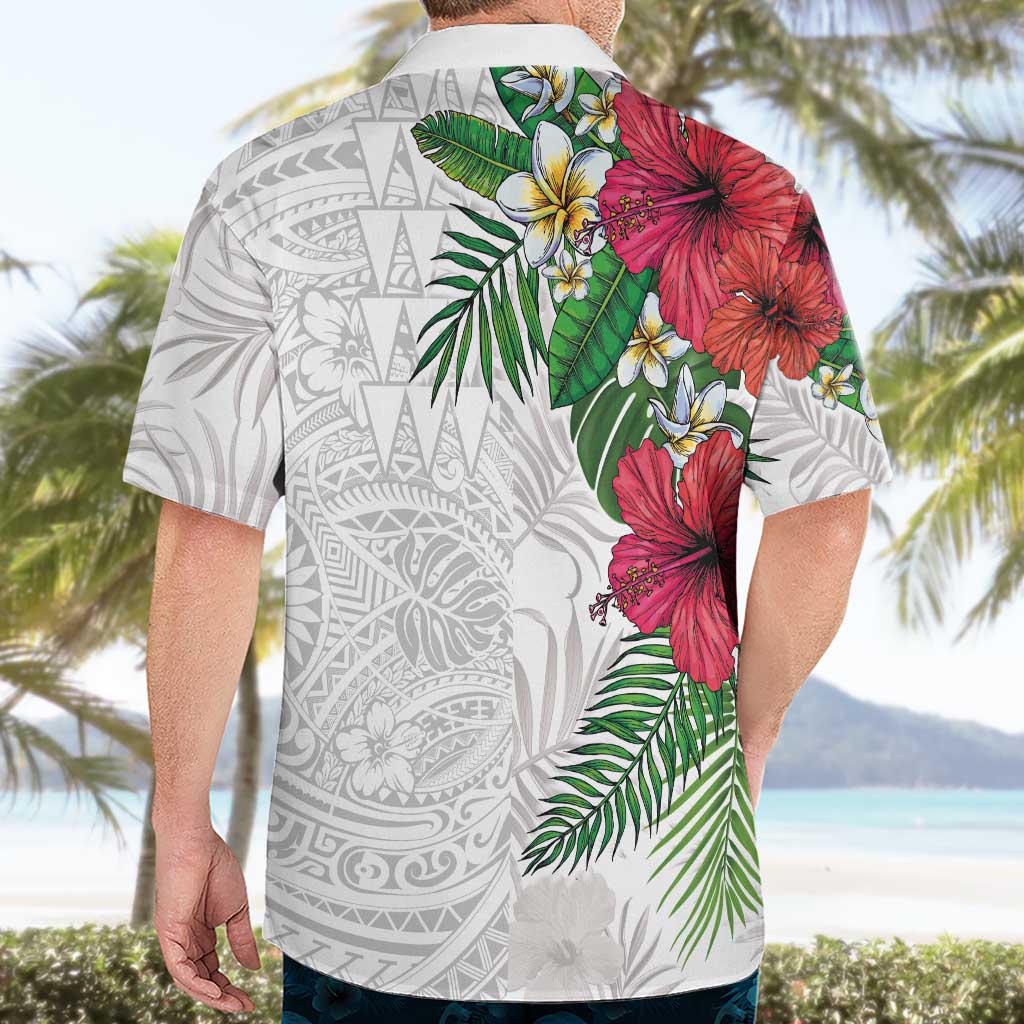 Hawaiian Tropical Plants Hawaiian Shirt Kakau Tattoo and Polynesian Pattern Half White Color