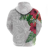 Hawaiian Tropical Plants Hoodie Kakau Tattoo and Polynesian Pattern Half White Color