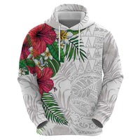Hawaiian Tropical Plants Hoodie Kakau Tattoo and Polynesian Pattern Half White Color