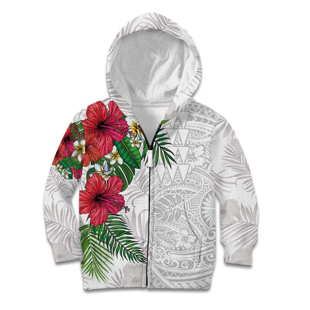 Hawaiian Tropical Plants Kid Hoodie Kakau Tattoo and Polynesian Pattern Half White Color