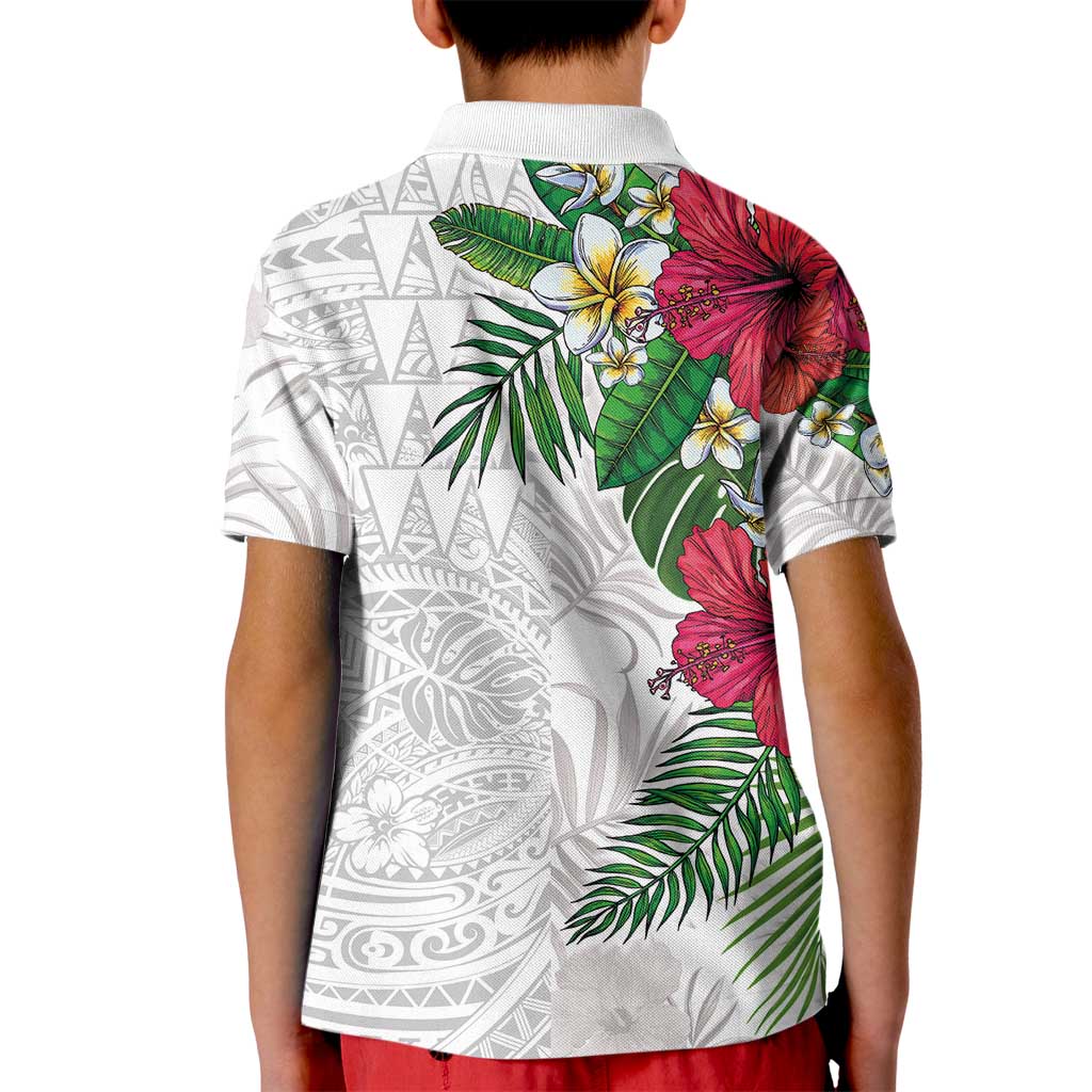 Hawaiian Tropical Plants Kid Polo Shirt Kakau Tattoo and Polynesian Pattern Half White Color