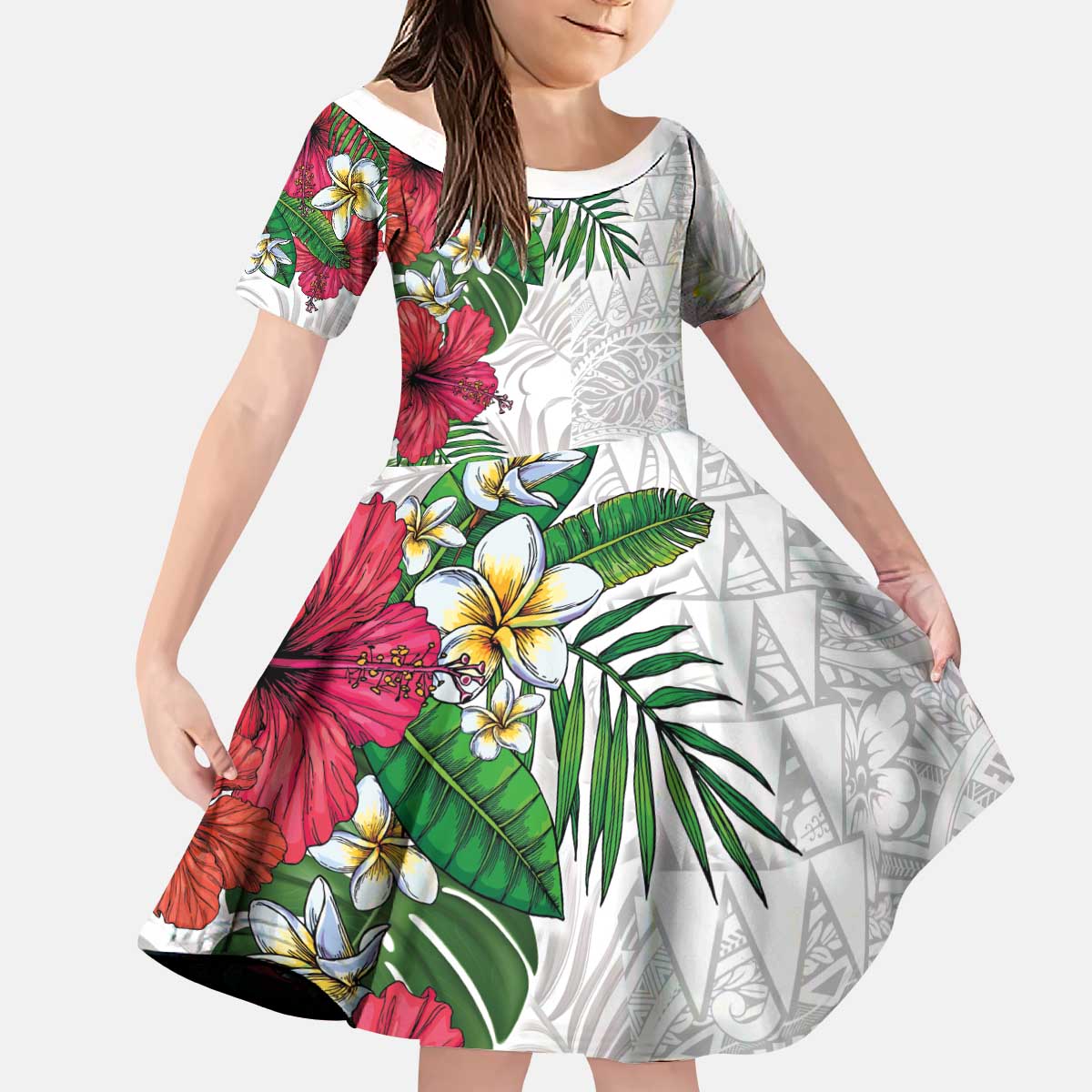 Hawaiian Tropical Plants Kid Short Sleeve Dress Kakau Tattoo and Polynesian Pattern Half White Color
