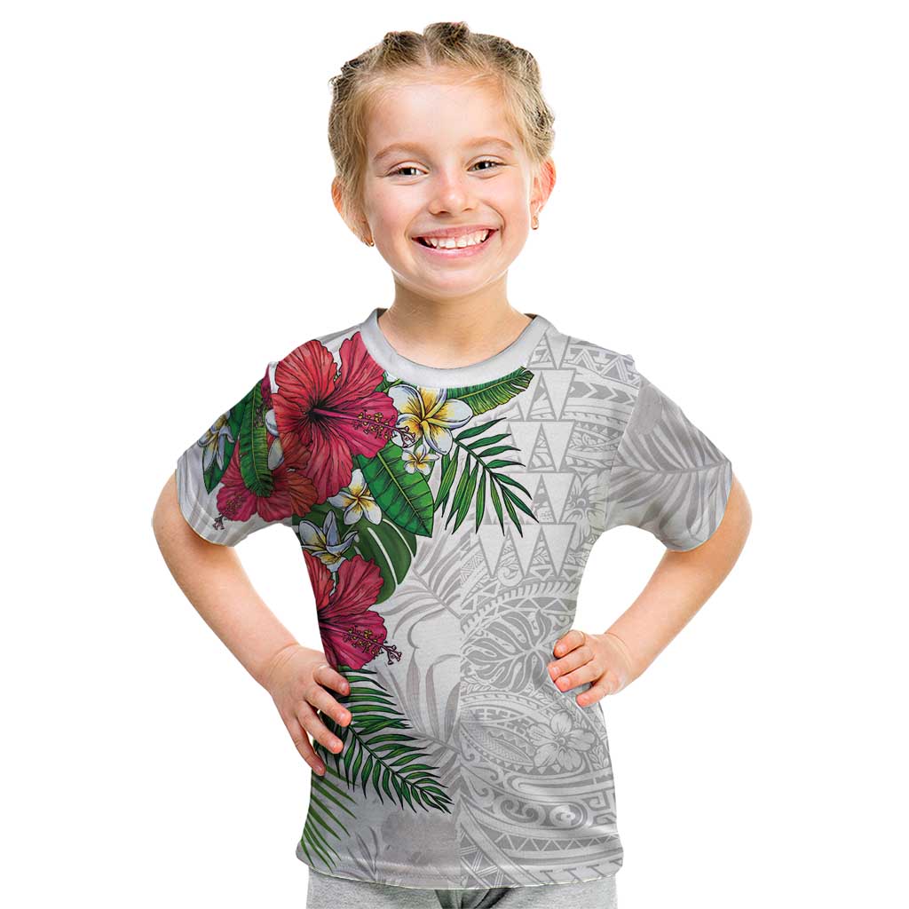 Hawaiian Tropical Plants Kid T Shirt Kakau Tattoo and Polynesian Pattern Half White Color