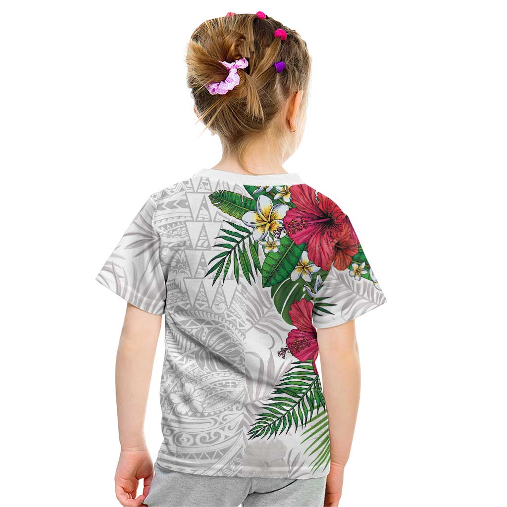 Hawaiian Tropical Plants Kid T Shirt Kakau Tattoo and Polynesian Pattern Half White Color