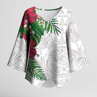 Hawaiian Tropical Plants Kimono Sleeve Blouse Kakau Tattoo and Polynesian Pattern Half White Color