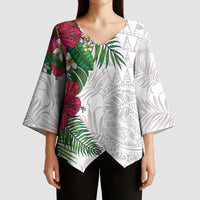 Hawaiian Tropical Plants Kimono Sleeve Blouse Kakau Tattoo and Polynesian Pattern Half White Color