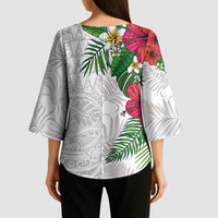 Hawaiian Tropical Plants Kimono Sleeve Blouse Kakau Tattoo and Polynesian Pattern Half White Color
