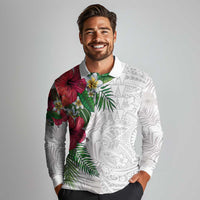 Hawaiian Tropical Plants Long Sleeve Polo Shirt Kakau Tattoo and Polynesian Pattern Half White Color