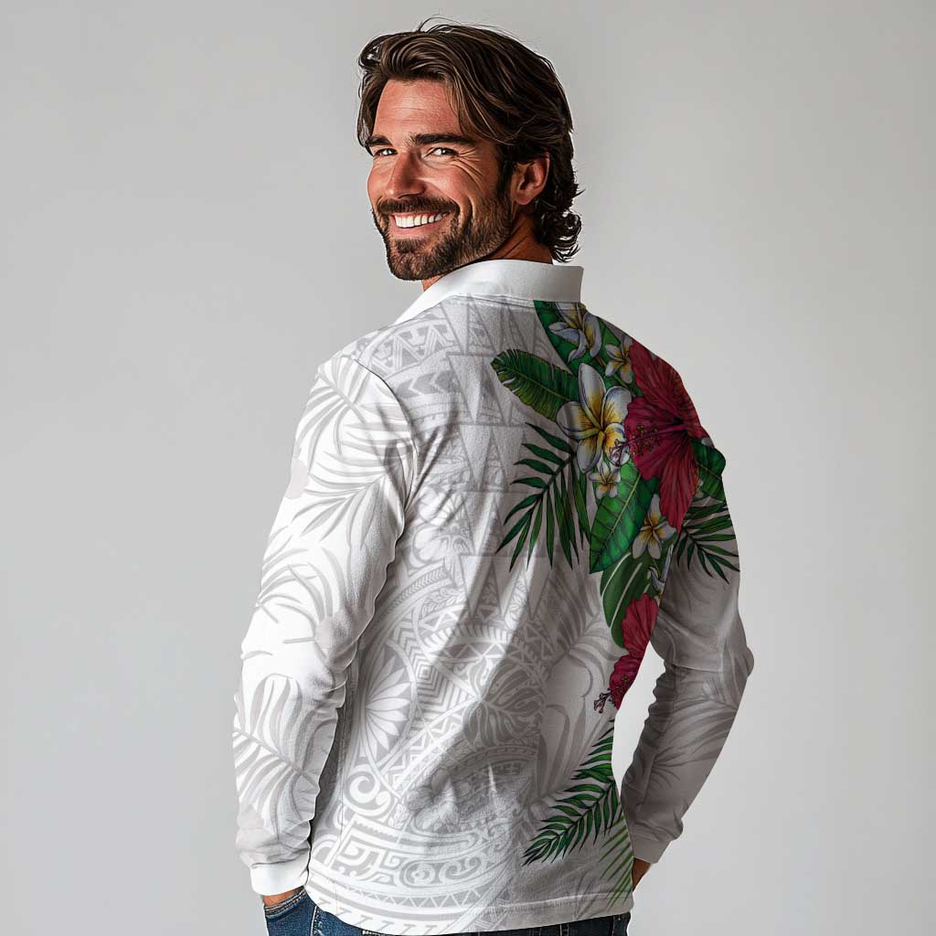 Hawaiian Tropical Plants Long Sleeve Polo Shirt Kakau Tattoo and Polynesian Pattern Half White Color