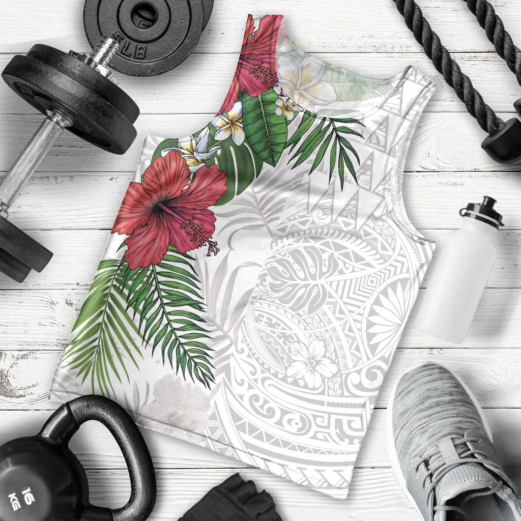 Hawaiian Tropical Plants Men Tank Top Kakau Tattoo and Polynesian Pattern Half White Color