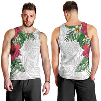 Hawaiian Tropical Plants Men Tank Top Kakau Tattoo and Polynesian Pattern Half White Color