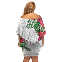 Hawaiian Tropical Plants Off Shoulder Short Dress Kakau Tattoo and Polynesian Pattern Half White Color