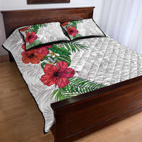 Hawaiian Tropical Plants Quilt Bed Set Kakau Tattoo and Polynesian Pattern Half White Color
