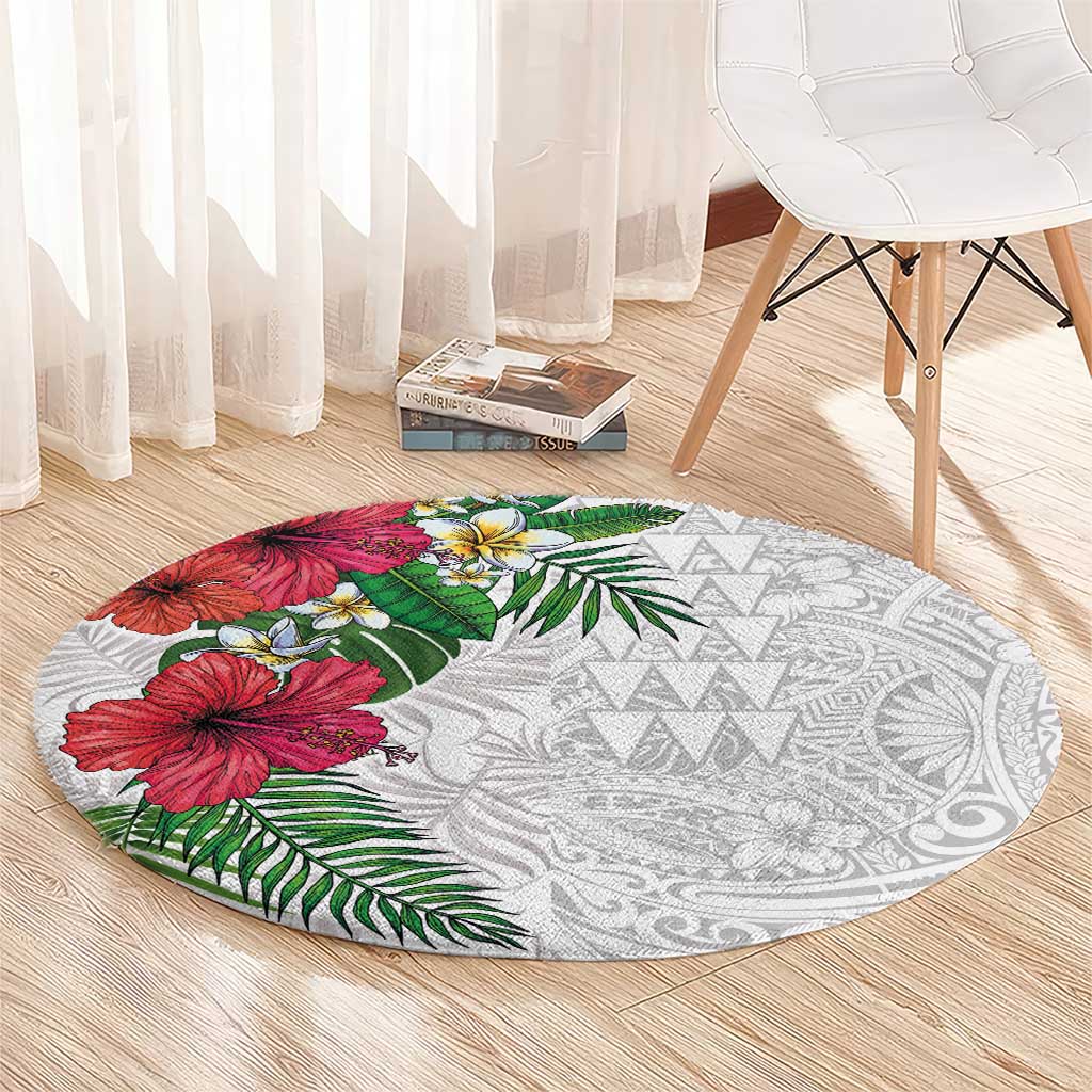 Hawaiian Tropical Plants Round Carpet Kakau Tattoo and Polynesian Pattern Half White Color