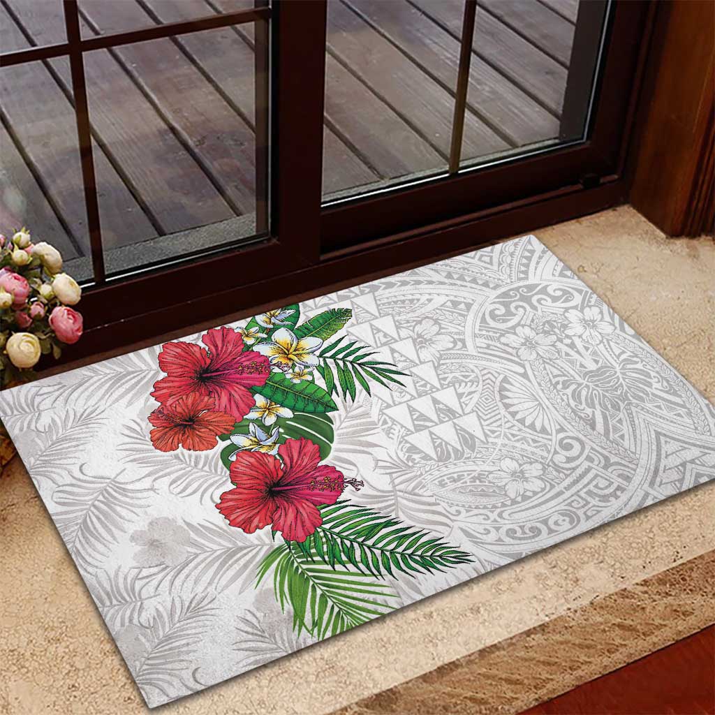 Hawaiian Tropical Plants Rubber Doormat Kakau Tattoo and Polynesian Pattern Half White Color