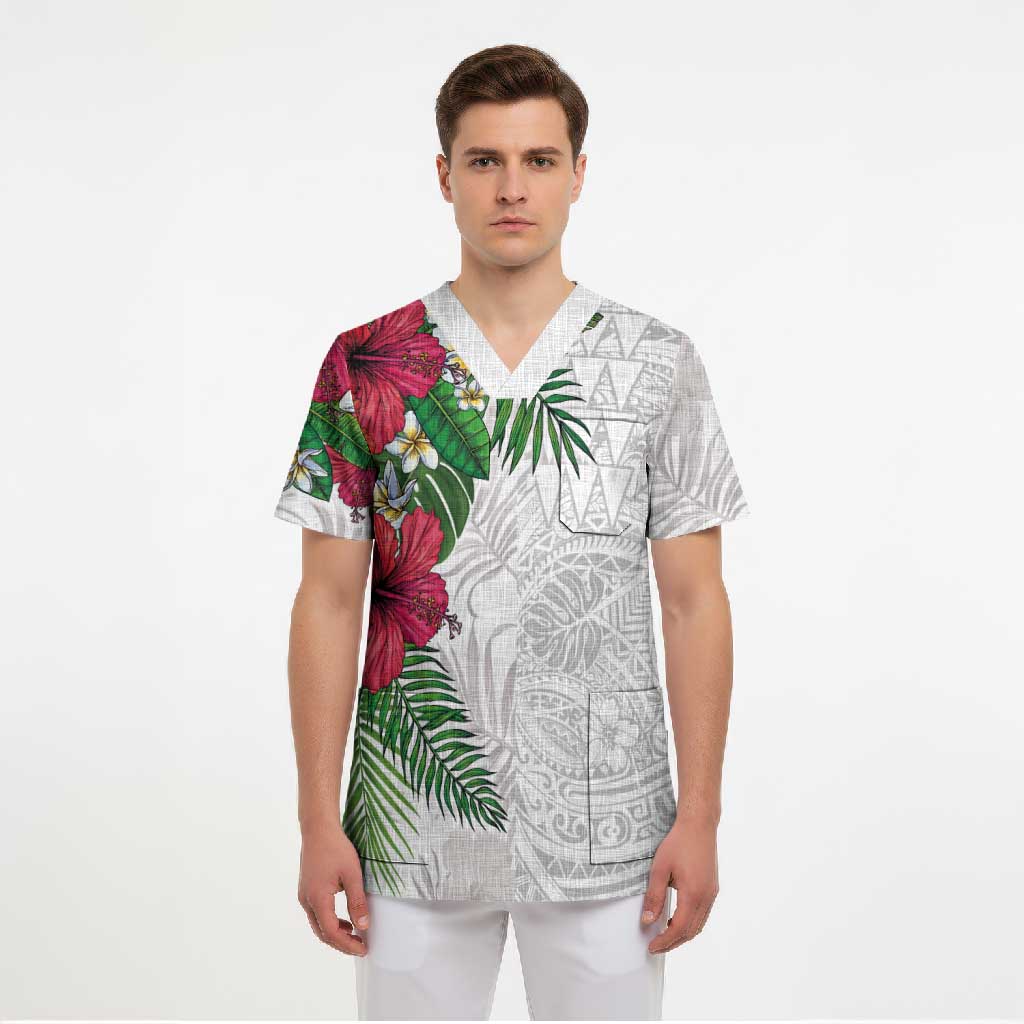 Hawaiian Tropical Plants Scrub Top Kakau Tattoo and Polynesian Pattern Half White Color