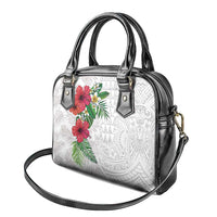 Hawaiian Tropical Plants Shoulder Handbag Kakau Tattoo and Polynesian Pattern Half White Color