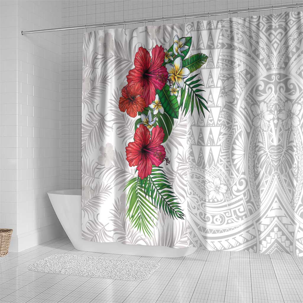 Hawaiian Tropical Plants Shower Curtain Kakau Tattoo and Polynesian Pattern Half White Color