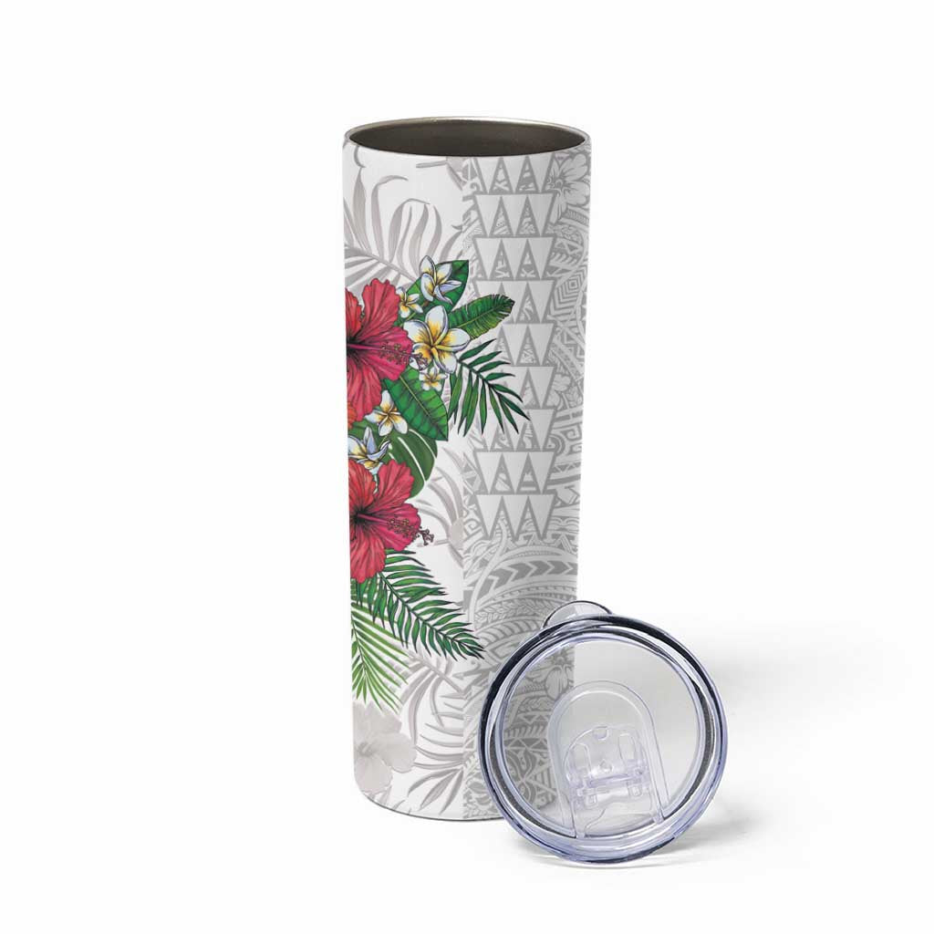 Hawaiian Tropical Plants Skinny Tumbler Kakau Tattoo and Polynesian Pattern Half White Color