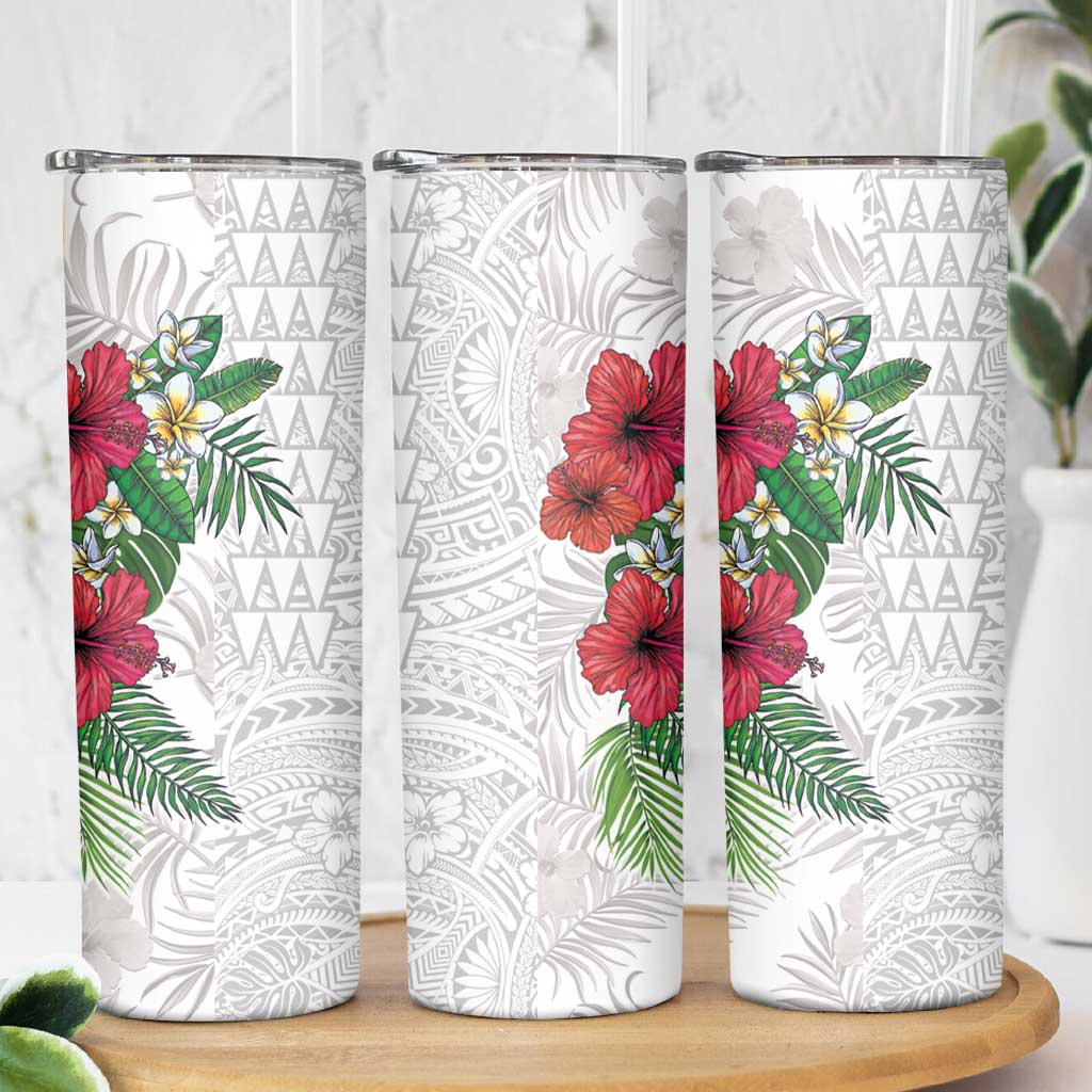 Hawaiian Tropical Plants Skinny Tumbler Kakau Tattoo and Polynesian Pattern Half White Color