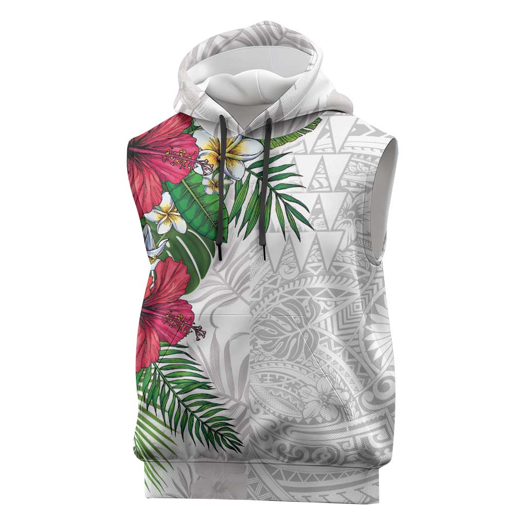 Hawaiian Tropical Plants Sleeveless Hoodie Kakau Tattoo and Polynesian Pattern Half White Color