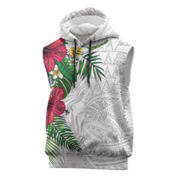 Hawaiian Tropical Plants Sleeveless Hoodie Kakau Tattoo and Polynesian Pattern Half White Color