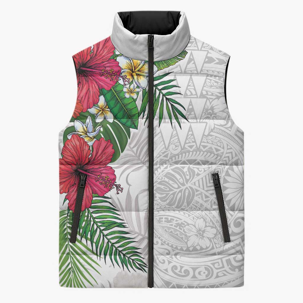 Hawaiian Tropical Plants Sleeveless Puffer Jacket Kakau Tattoo and Polynesian Pattern Half White Color