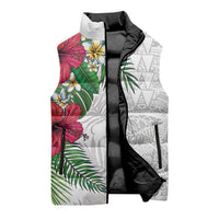 Hawaiian Tropical Plants Sleeveless Puffer Jacket Kakau Tattoo and Polynesian Pattern Half White Color